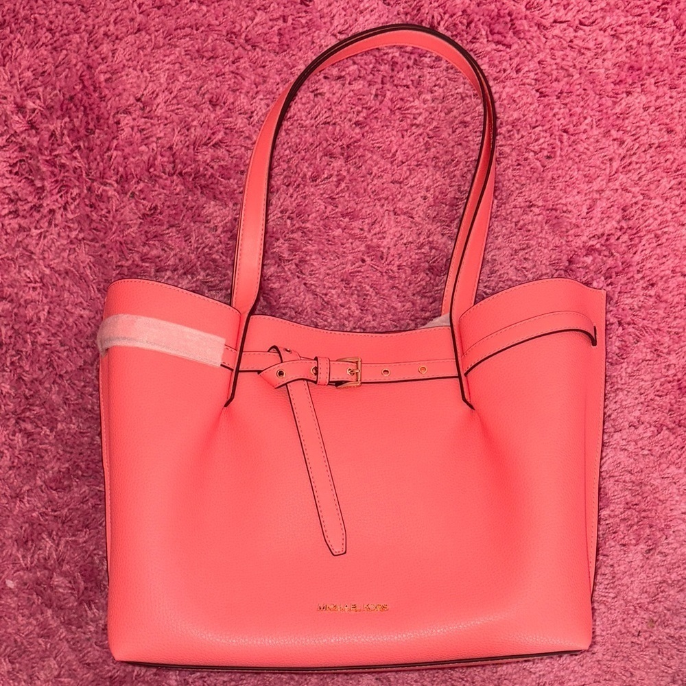 Michael Kors Emilia Large Pebbled Leather Tote Bag Coral Orange